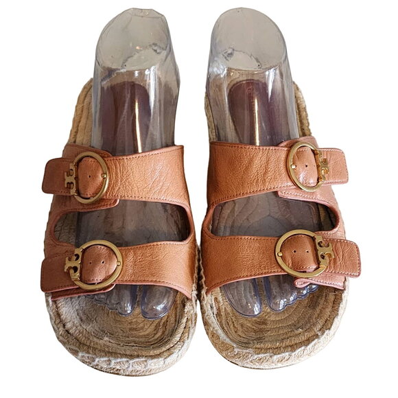 Tory Burch Selby Sandals Leather Two Band Espadrilles Slip on size 7.5 - Picture 1 of 10